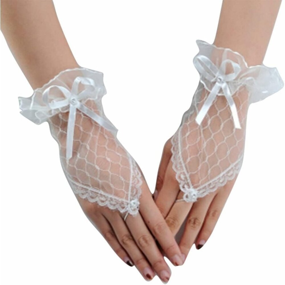 Women's Rhinestone White Bow Lace Gloves Fingerless Bridesmaids Accessories